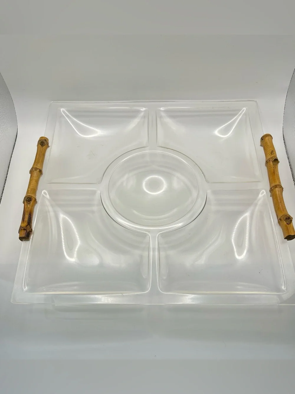 Vintage MCM Lucite Acrylic Sectioned Serveware Platter with Bamboo Handles
